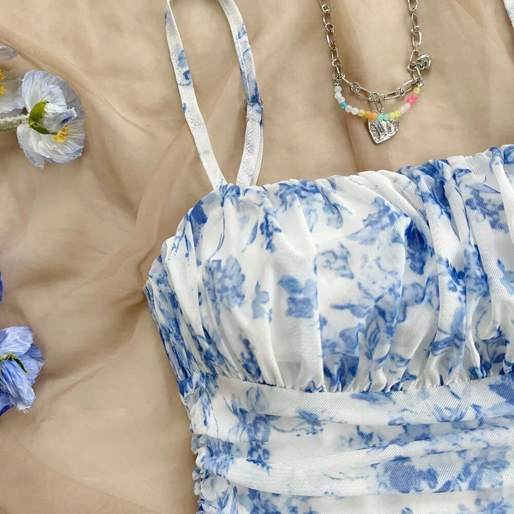 Blue And White Boho Women's Floral Mesh Halterneck Vacation Dress